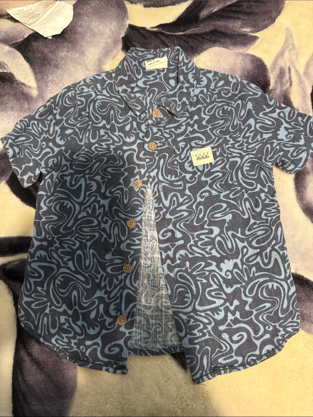 Cotton On Navy and Light Blue Abstract Print Short-Sleeve Button Down